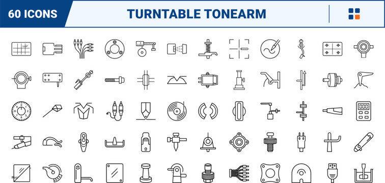 Vinyl turntable tonearm line icon set. Vector pictograms of cartridge, stylus, headshell, and anti elements, thin linear illustration.