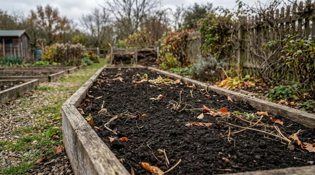 Empty raised wooden vegetable bed with dark soil and fallen leaves. Autumn garden after harvest preparation for winter