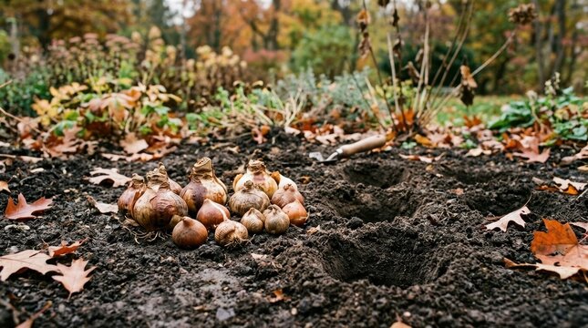 Flower bulbs on dark soil next to dug holes and a hand trowel. Autumn garden preparation and planting for spring blooms