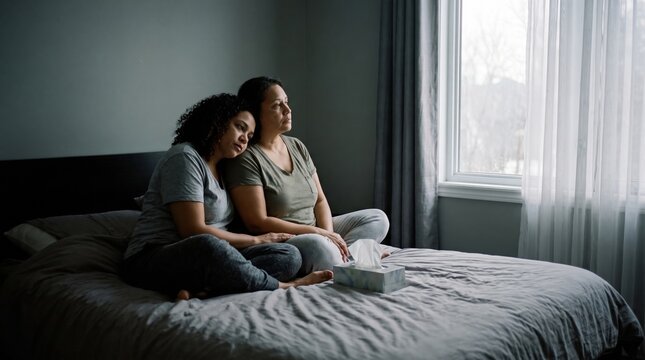 Two women sit on a bed, one leaning on the other. Scene of non-verbal comfort and healing silence during a vulnerable time. Ideal for mental health or grief support content.