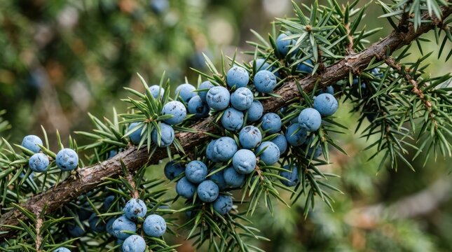 Blue juniper berries on conifer branch. Ripe berries used for gin flavoring. Juniperus communis close-up