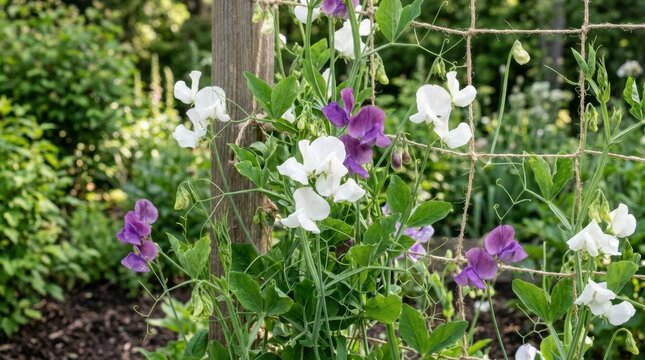 White and purple sweet pea flowers climbing on a twine trellis. Flowering pea plants in a backyard vegetable garden