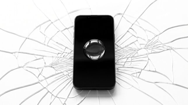 Black smartphone with a single drop of water resting on a glass surface against a cracked white background.