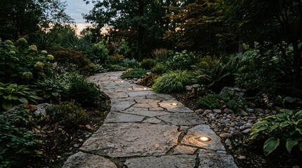 Fototapeta premium Stone pathway with embedded lights in a lush garden. Winding flagstone walkway illuminated at dusk. Landscape design concept