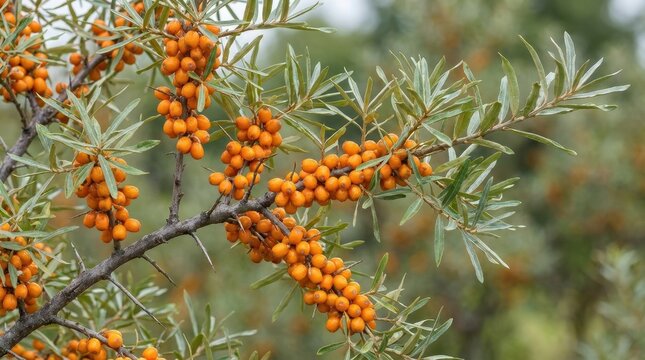 Sea buckthorn branch with ripe orange berries and thorny twigs. Close up of hippophae rhamnoides fruit in autumn. Healthy organic superfood harvest