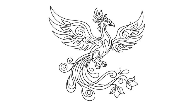 Elegant Mythical Phoenix Bird Line Art with Decorative Swirls
