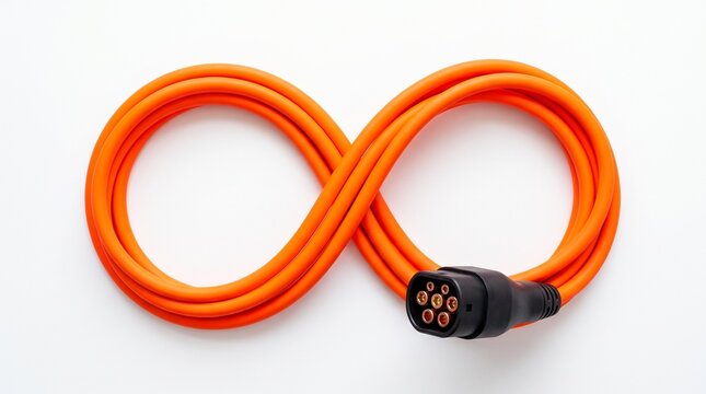 Coiled orange extension cord with an insulated plug on a white background.