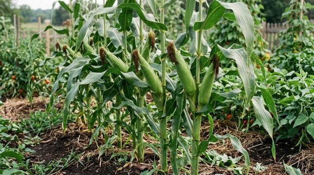 Sweet corn ears growing on stalks in a garden. Fresh green corn cobs in a backyard vegetable garden. Organic agriculture concept