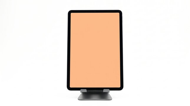 Tablet on stand with caramel screen. Minimalist setup evokes warmth and nonverbal comfort in digital spaces. Use for app mockups or interface design presentations.