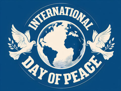 International day of peace emblem with globe and two white doves on a dark blue background