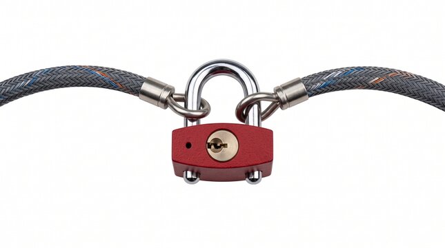 Red padlock on steel security cable symbolizing digital data protection and cybersecurity measures