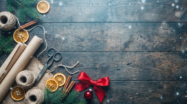 Rustic Christmas gift wrapping flat lay with kraft paper, twine, and dried orange copy space