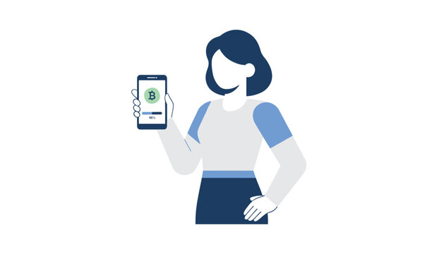 Young woman holding up her smartphone to display a cryptocurrency transaction and Bitcoin wallet loading screen.