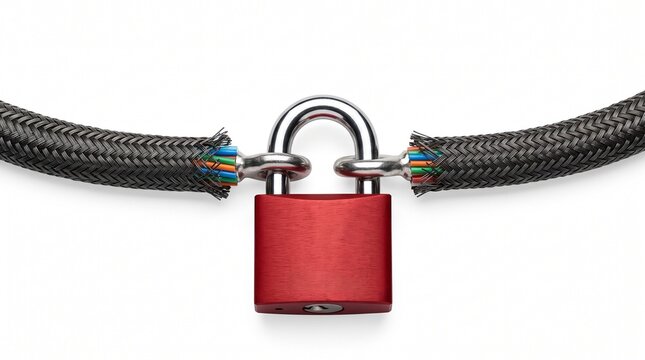Red padlock securing thick metal chain on white background for security and protection concept