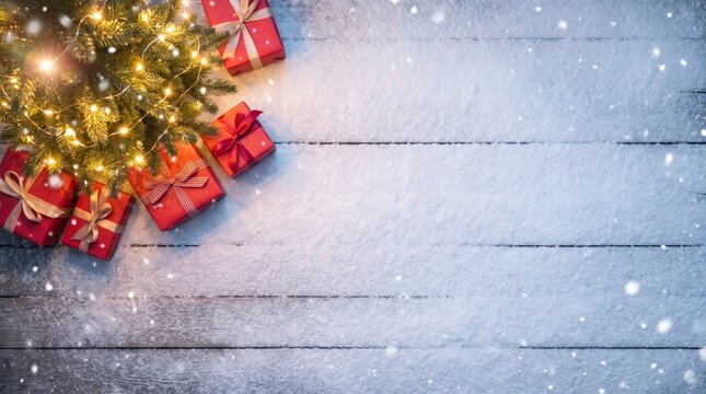Snowy Christmas background with illuminated tree and red gift boxes on wood copy space