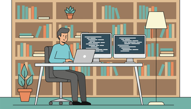 Software developer writing code on his laptop and dual monitors in a cozy home office with a large bookshelf.