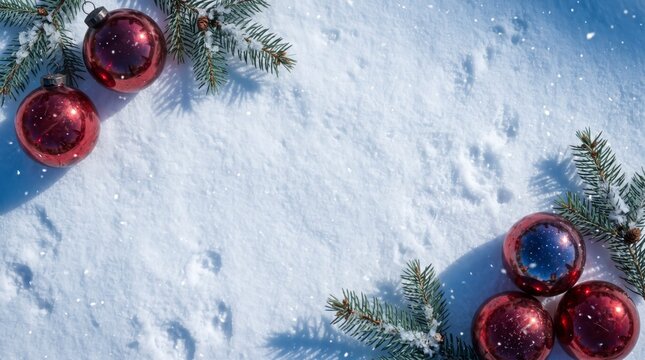 Festive snow background with red ornaments and pine branches framing copy space