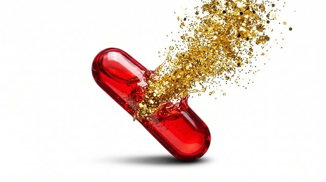 Red capsule spilling golden powder supplement on white background for health boost concept