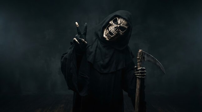 Mysterious figure in hooded cloak and animal mask against a dark textured background