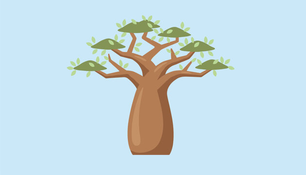 Stylized baobab tree vector illustration with distinct flat leaf structures isolated on a clear sky blue background.