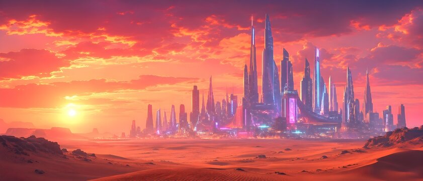 Neon Desert Megacity Under a Dramatic Sunset Sky