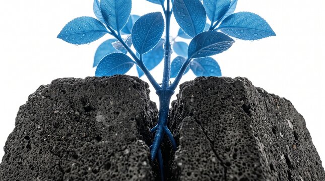 Blue plant sprouting from cracked concrete symbolizing resilience and urban nature growth