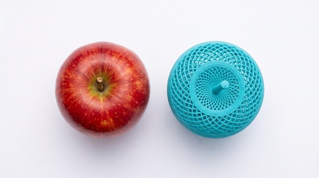 Fresh red apple and blue apple-shaped object on a white background, representing a healthy lifestyle concept.