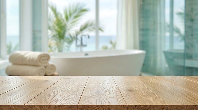 Wooden table top display in luxury bathroom with bathtub and tropical sea view for product presentation background