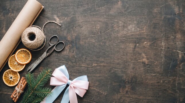 Rustic gift wrapping flat lay with pastel ribbon bow and dried orange on wood copy space