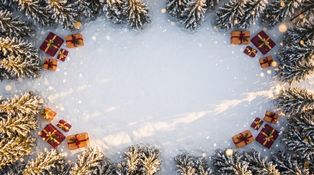 Aerial view of snowy forest clearing framed by gift boxes and pine trees copy space