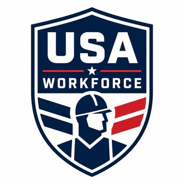 USA Workforce shield badge logo with construction worker icon and patriotic design elements