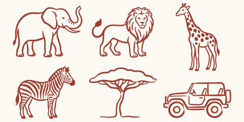Naklejka premium African safari animals and vehicle depicted in a charming hand made doodle style on a light background