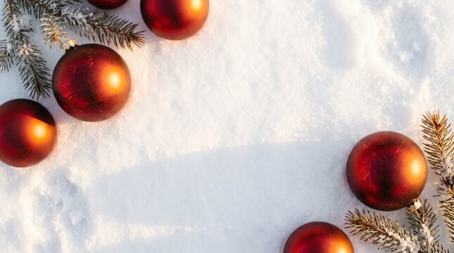 Golden Christmas ornaments on snow with pine branches and warm sunlight copy space