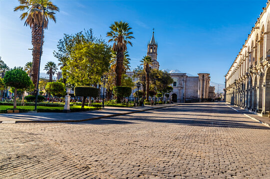 A view from the corner of the Plaza de Armas in the historic centre of Arequipa, Peru in the morning