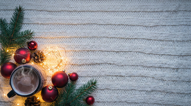 Cozy knit Christmas background with cocoa mug, ornaments, and fairy lights copy space