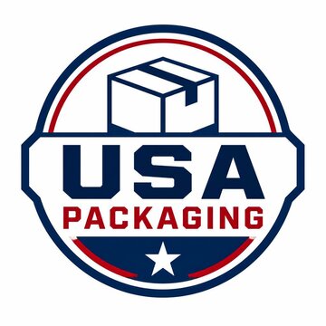 USA Packaging circular badge with box icon and star for logistics and shipping branding