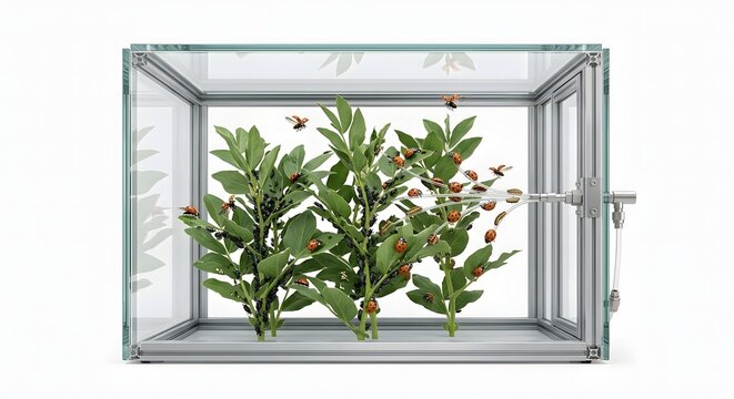 Scientific 3D Render of Biological Pest Control: Ladybugs and Larvae Released to Eradicate Aphids in a Glass Chamber
