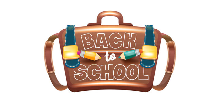 Back to school backpack vector illustration. Brown leather satchel badge with outline Back to school typography and two color pencils isolated on white background for educational promo discount banner