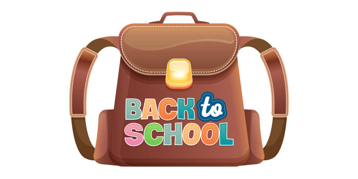Back to school backpack vector illustration. Brown leather satchel badge with colorful stitched typography lettering isolated on white background for educational promo discount banner.
