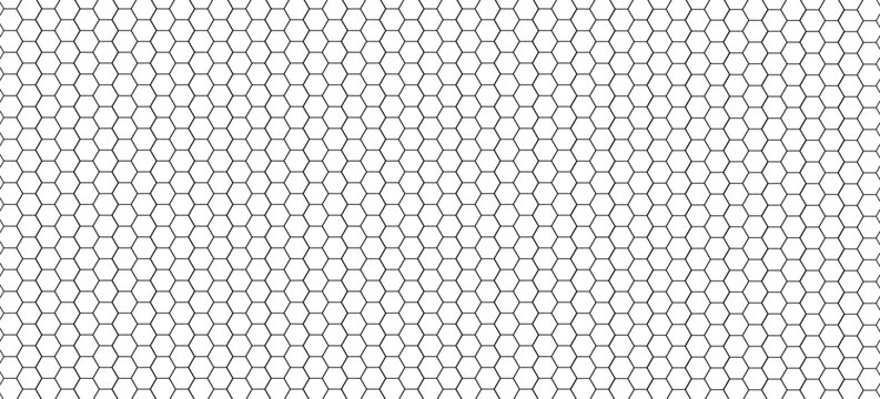 Seamless pattern with outline hexagon grid. Honeycomb net backdrop. Abstract background with geometric line grille. Black hexagon mesh, vector illustration