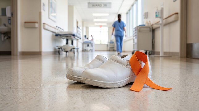 Orange awareness ribbon on white medical clogs, hospital corridor background with nurse, healthcare support and disease prevention concept