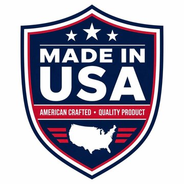 American made product badge with USA flag shield and quality seal for branding and packaging