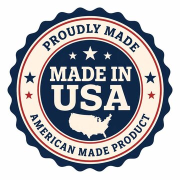 Made in USA circular badge label with American map and stars for product packaging design.