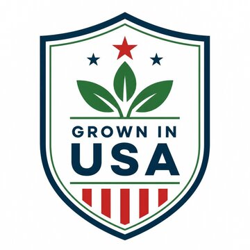 Grown in USA shield badge with leaf and star emblem for American made agricultural products and patriotism