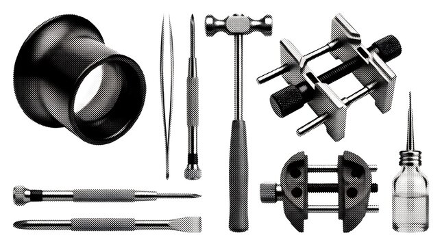 Comprehensive professional watchmaking equipment set featuring oiler bottle and precision clamps in halftone style.