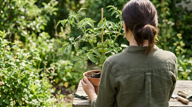 Woman holding a potted tomato plant with green developing fruit in a lush garden. Home gardening and growing vegetables concept