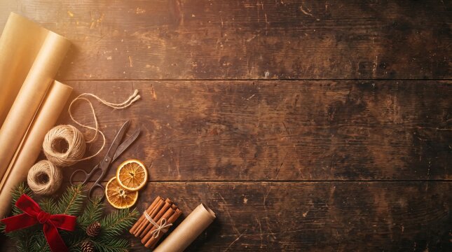 Warm rustic gift wrapping flat lay with kraft paper and dried orange copy space