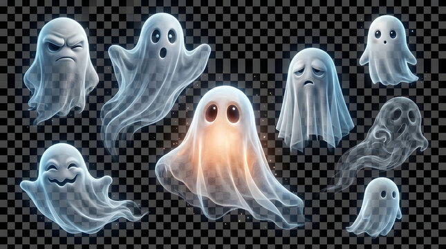 Set of cute cartoon ghosts for Halloween design elements on transparent background