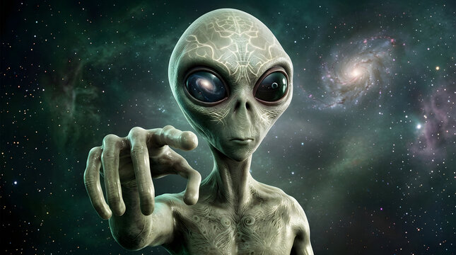 Grey alien reaching out in deep space with galaxy background and cosmic atmosphere