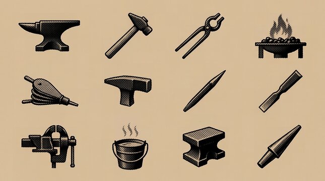 Blacksmithing icons including various anvils tongs and forging hammers.